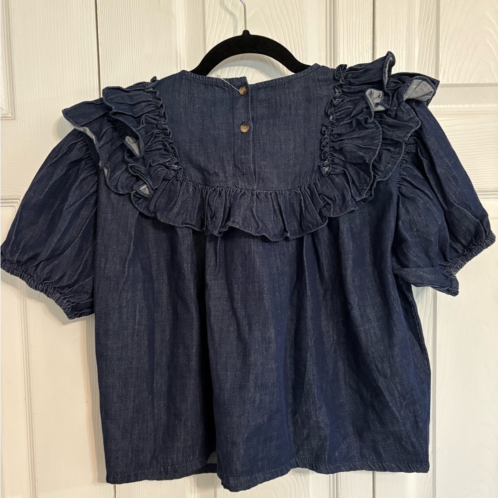 Imakokoni NWT Denim Ruffle Top T Shirt with flower Small - Picture 2 of 6